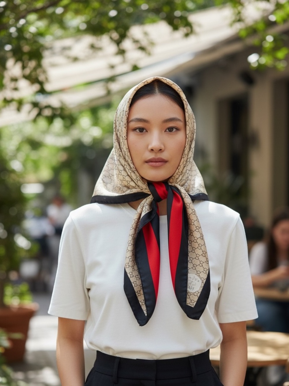 Beige and Red Patterned Scarf